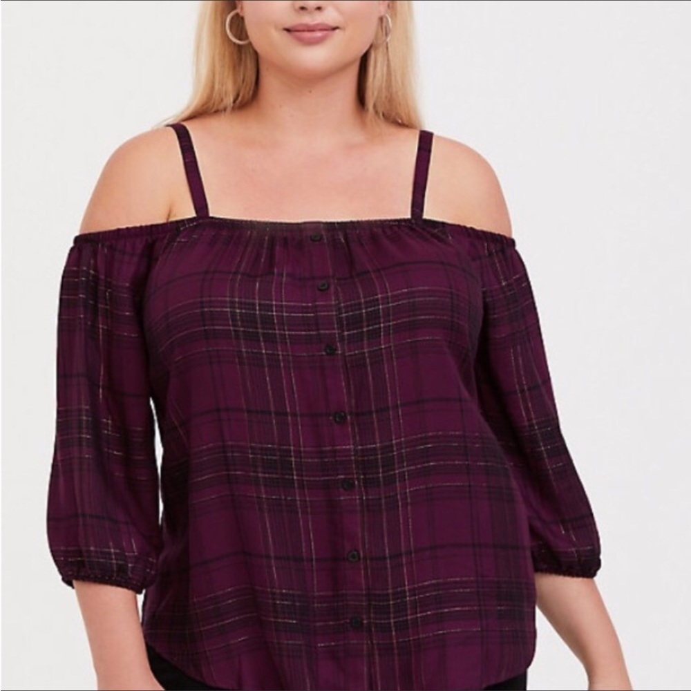 Purple Plaid Button Front Cold Shoulder Top